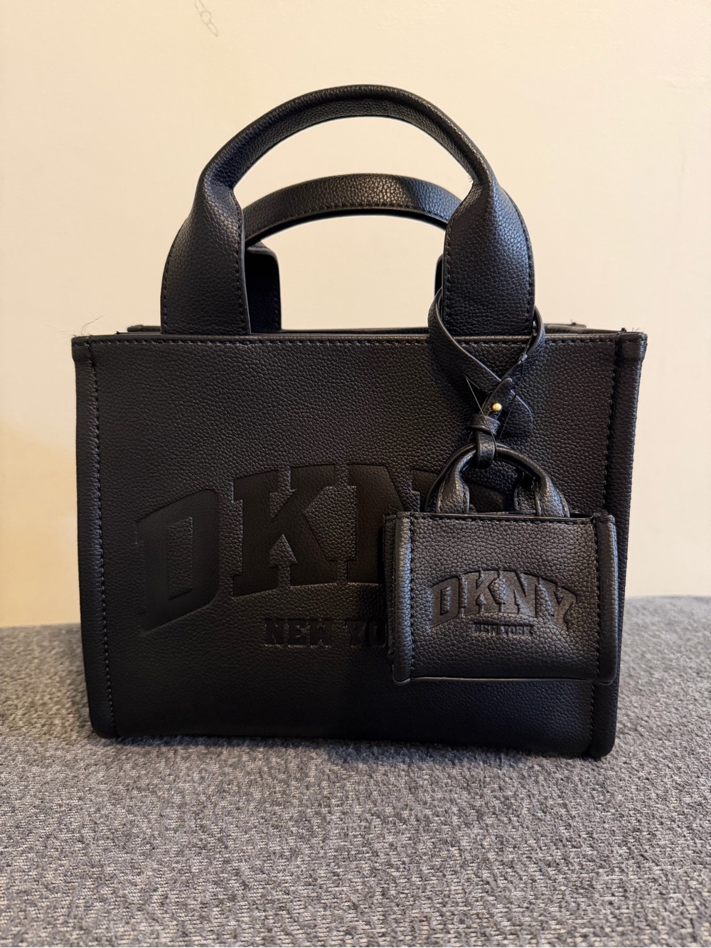 DKNY Black Embossed Leather Small Tote with Charm